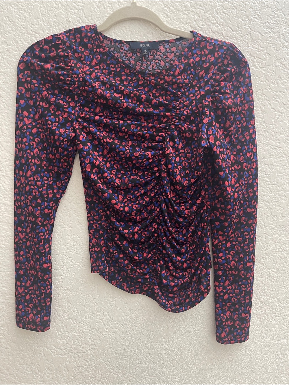 Eclair Navy Long Sleeve Ruched Leopard Print Top in Pink and Blue